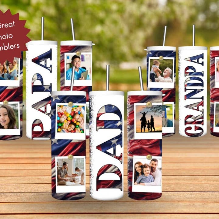 Patriotic Pride, Family Ties- Personalized American Flag Tumbler with Custom Family Photos. A Unique Gift That Honors Dads Love and Heritage for wholesale by SoCal Creative
