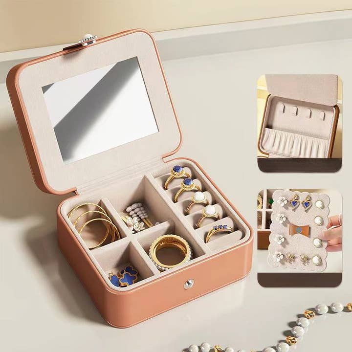 wandf - Wholesale Jewellery box/organiser - Soft Leather Jewelry Organizer Travel Case with Mirror Trip2