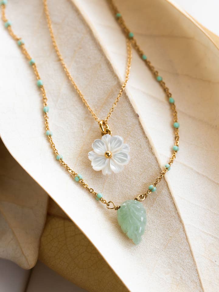 Blooming Layered Necklace Set- Green Aventurine for wholesale by Luna Norte