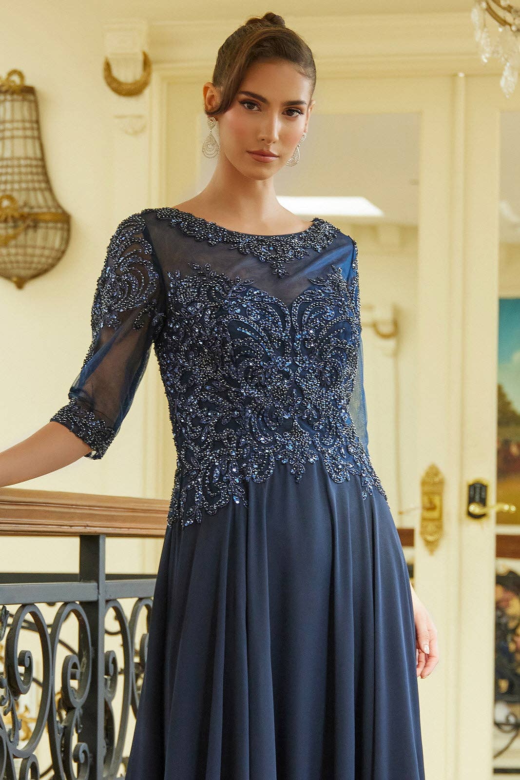 SMC Fashion - Wholesale Gown - Women's - Bead sequin embellished 1 2 sleeve mesh bodice with chiffon skirt GLGL359910