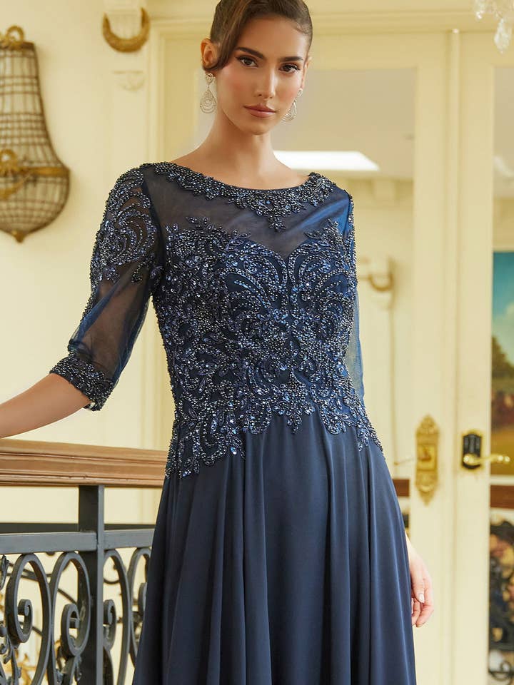 SMC Fashion - Wholesale Gown - Women's - Bead sequin embellished 1 2 sleeve mesh bodice with chiffon skirt GLGL359910