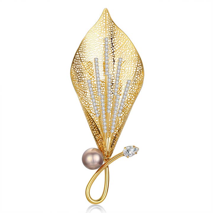 Broche de pérolas Hosta Leaf Edison por atacado de Timeless Pearl