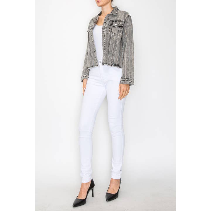 Stunning Denim Jacket With Stripe Sparkle Designs - 4768 SW BLACK DENIM for wholesale by Origami Apparel ~ Lace and Crochet inspired