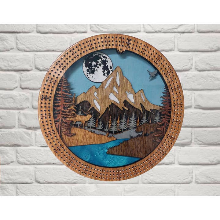 Premium River Scene Cribbage Board for wholesale by RJS Engraving & Design