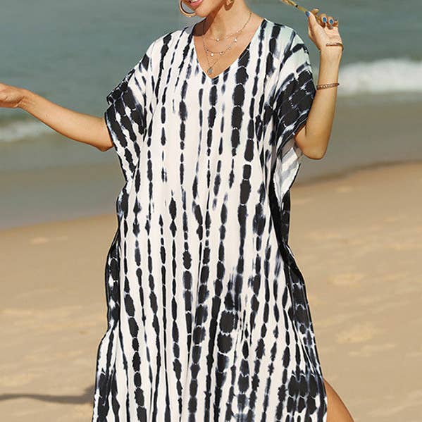 Losse maxi-jurken met korte mouwen en gesplitste zijkanten die tegen de zon beschermen en V-hals voor wholesale door UZ Wholesale Store