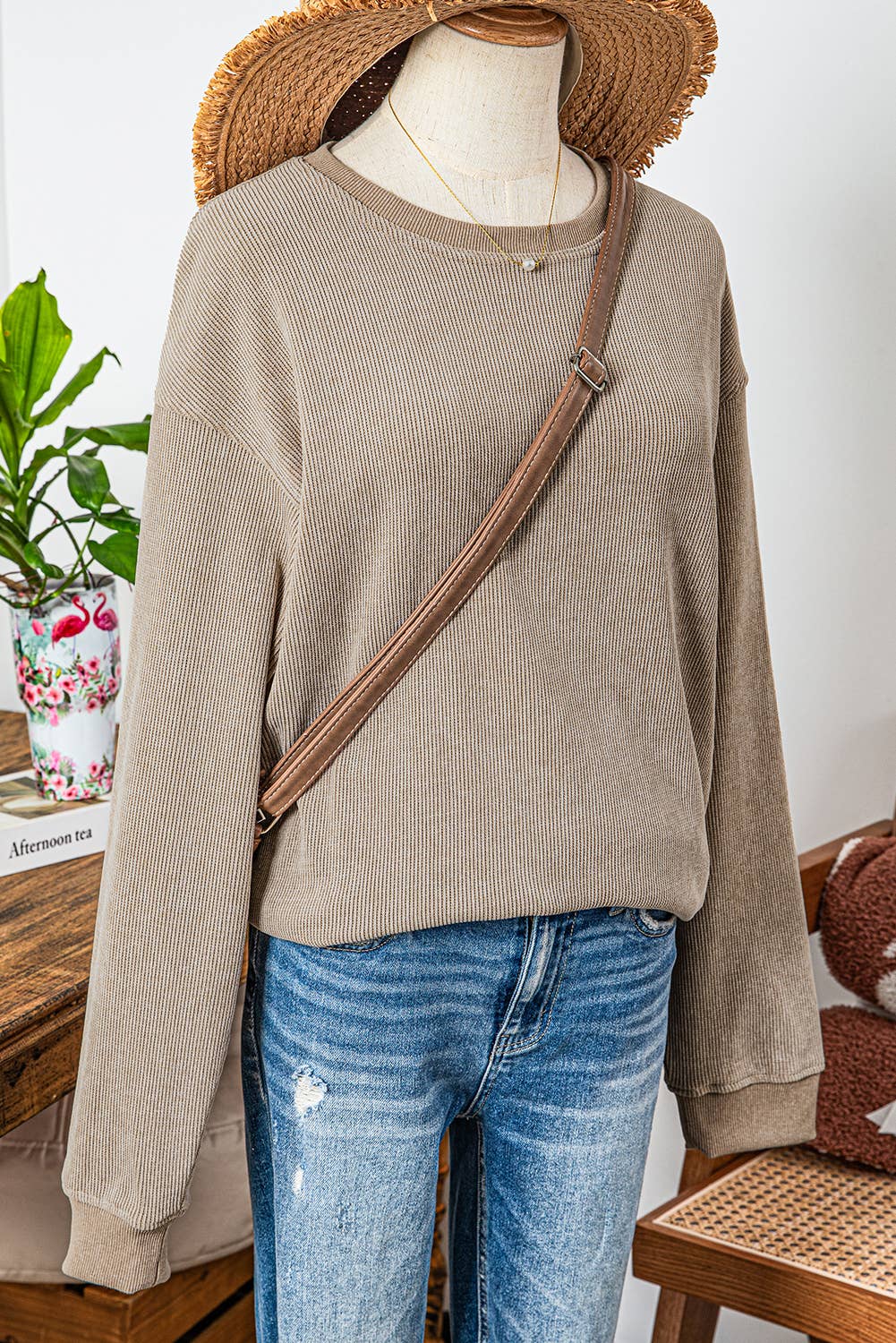 fashionworks - Wholesale Sweatshirt - Women's - Fashion-W Ribbed Knit Round Neck Pullover Sweatshirt*S-2XL1