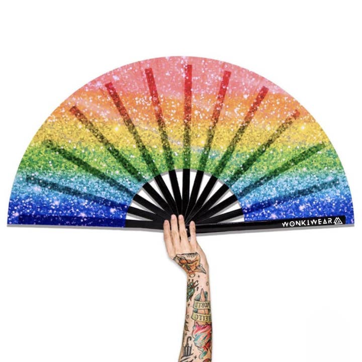 XL Festival Fan - UV Reactive, Rainbow Glitter for wholesale by Wonkiwear Ltd
