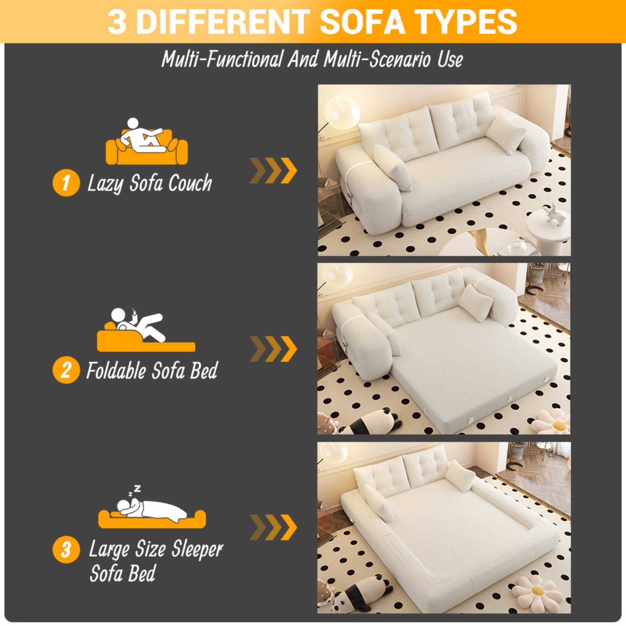 39F Inc. - Wholesale Sofa - 3-in-1 Foldable Teddy Sofa Bed w/Pillows 4 Colors25