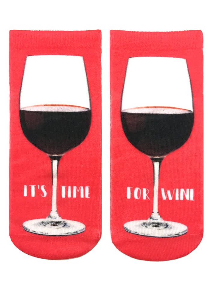 Novelty Graphic Ankle Socks - "It's Time for Wine" - Red for wholesale by Living Royal