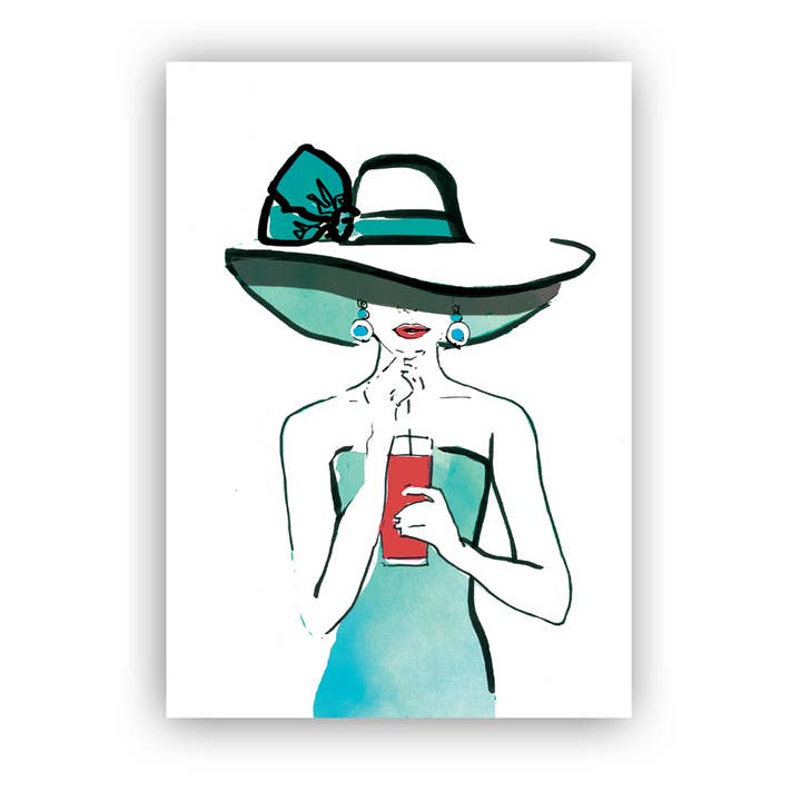 Jasmine fashion illustration, teal. for wholesale by Susan Kerian, Illustrator