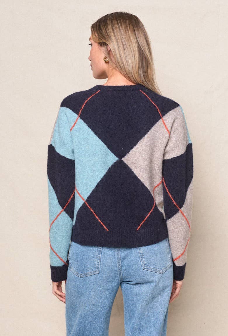 Stateside – Pulôver - Mulher por atacado – Camisola de Gola Redonda Argyle em Azul Marinho Multicolorido8