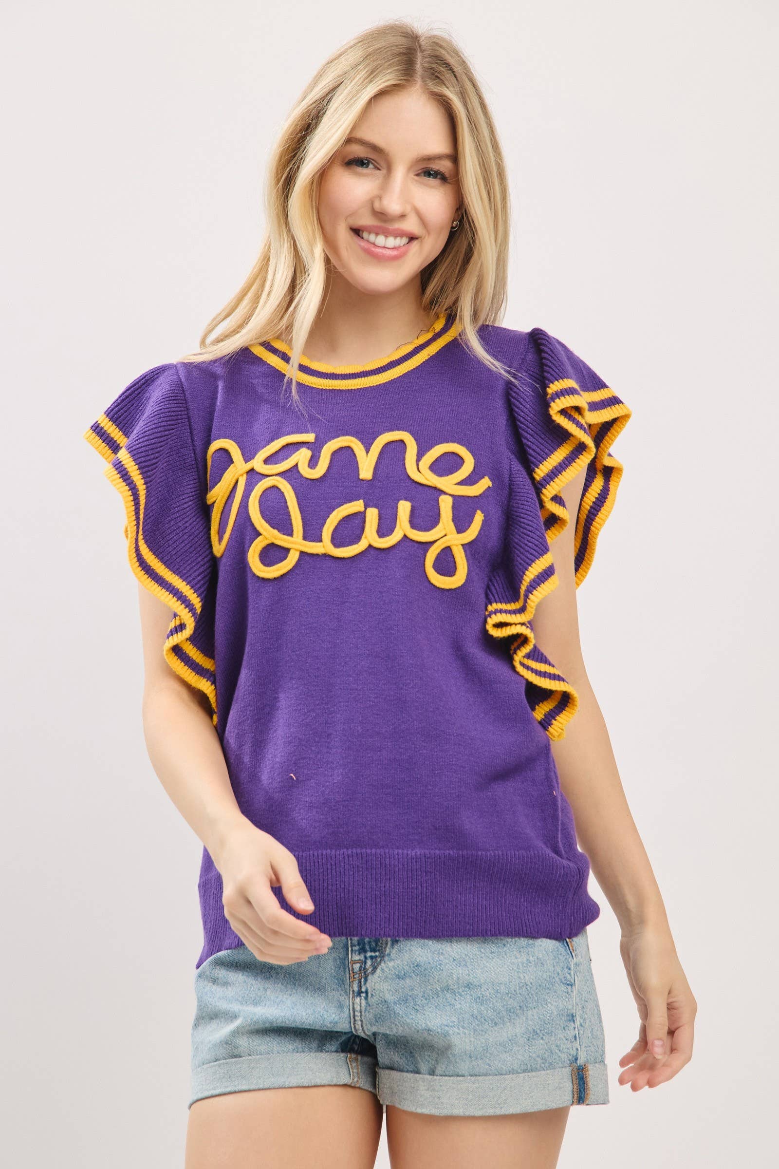 Sewn and Seen - Vente Haut en maille – femme - Haut en maille de jour de match à manches volantées style universitaire36