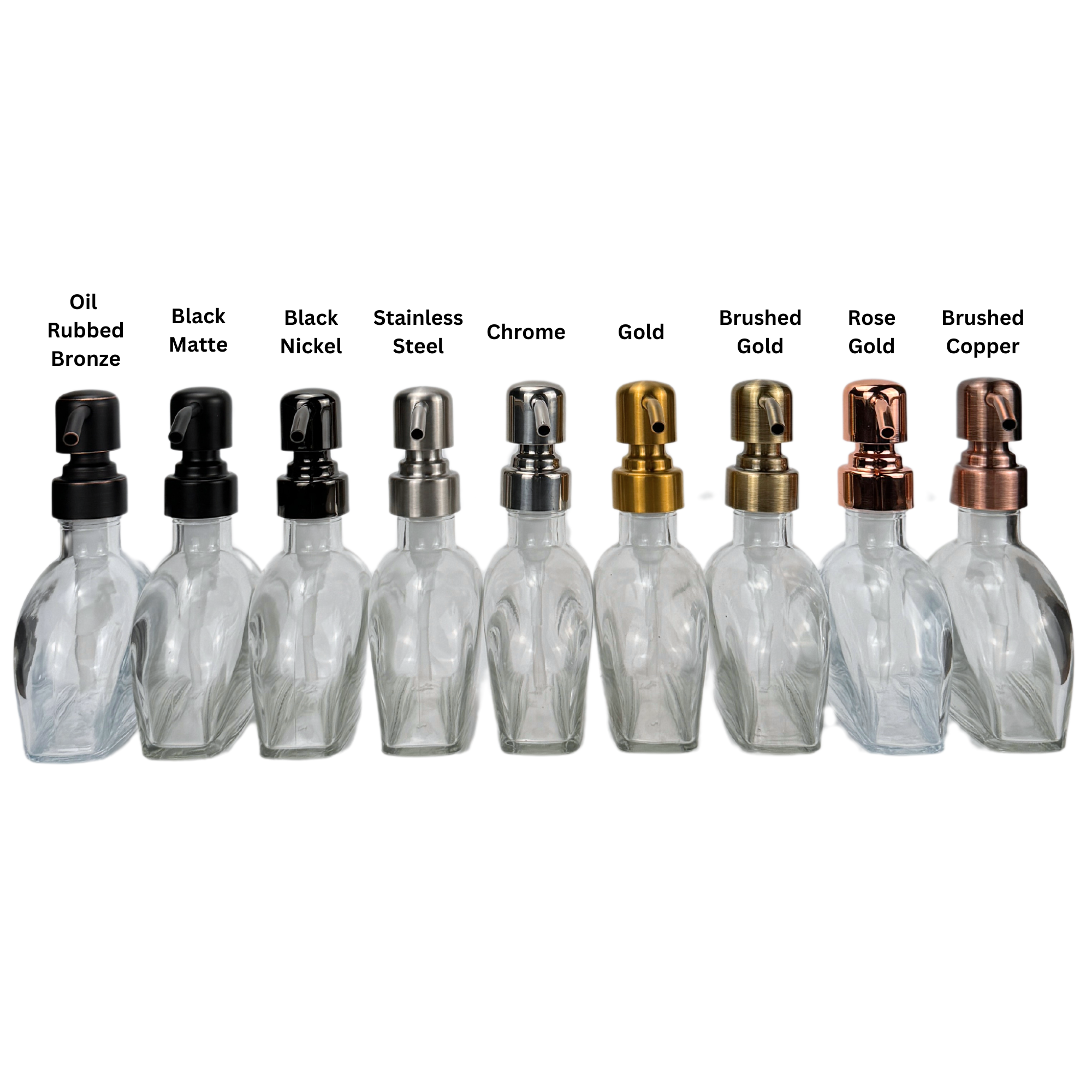 The Bottle Shoppe - Wholesale Soap Dispenser - 6oz Half Moon Glass Bottles w/Metal Pumps, Caps and Sprayers5