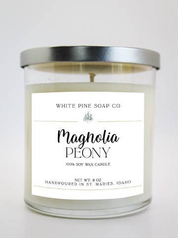 Magnolia and Peony 8 oz Soy Wax Candle for wholesale by White Pine Soap Company