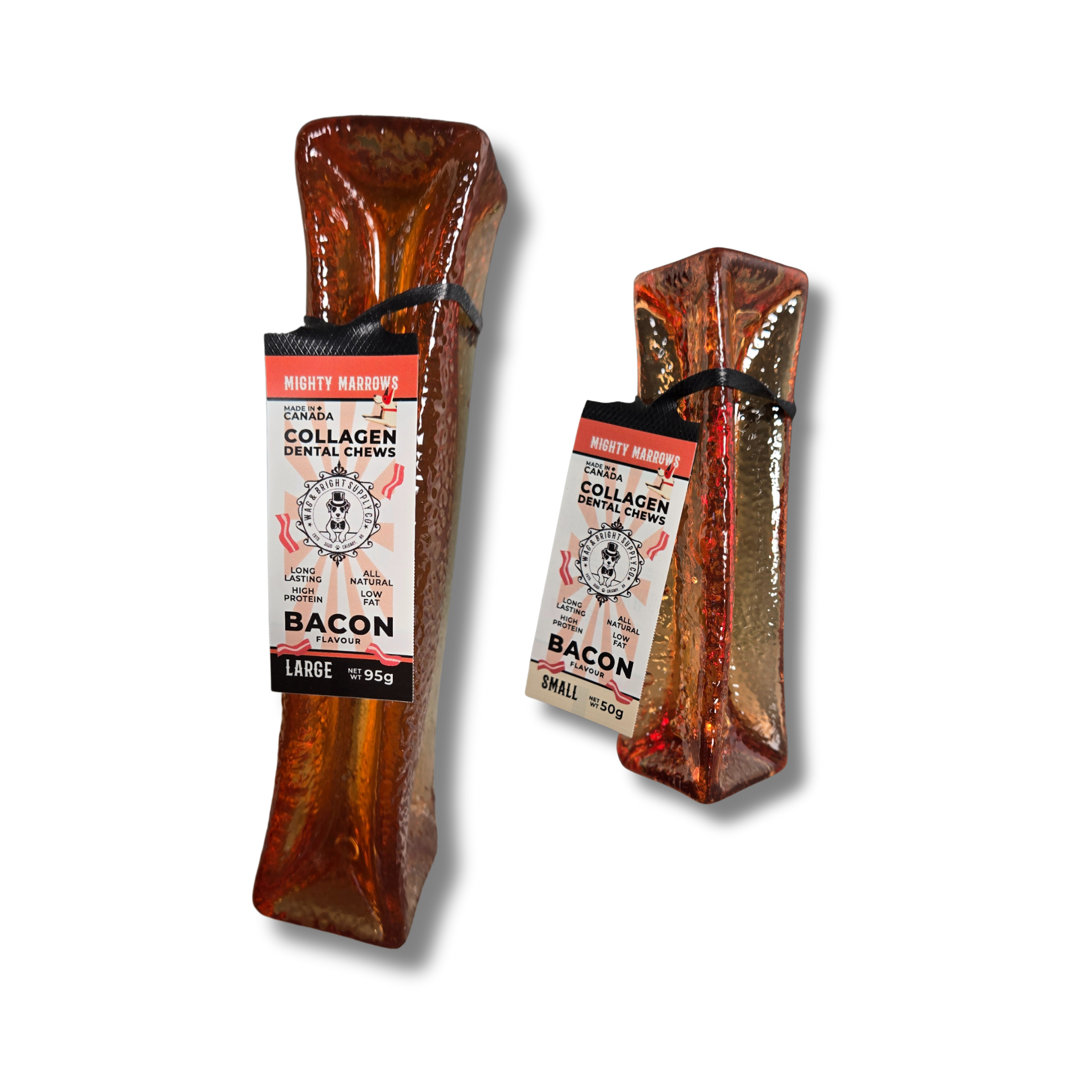 Wag & Bright Supply Co. – Engroshandel Tyggeben - Hund – Mighty Marrows Collagen Tandtyg - Bacon - 3 Størrelser5