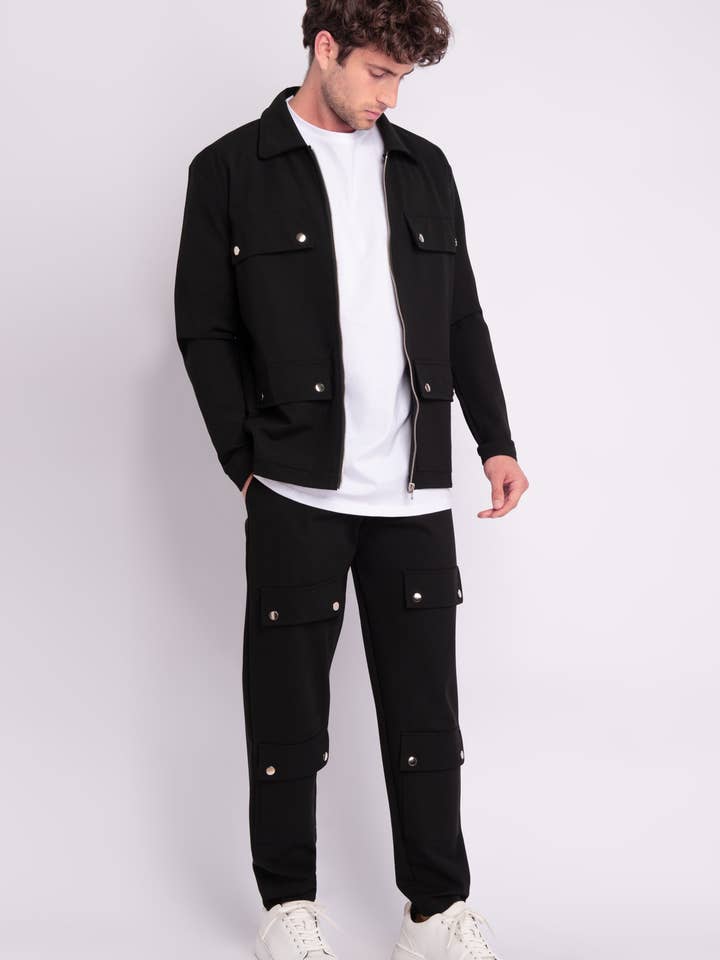 Set giacca e pantaloni elastici in vita tinta unita - Nero per la vendita all'ingrosso da parte di AARHON