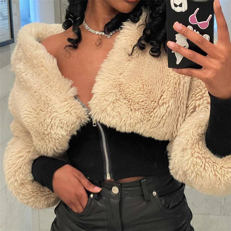 CREAMKAHKI Veste courte en peluche MB FASHION à taille côtelée 5200LY en vente sur Faire13