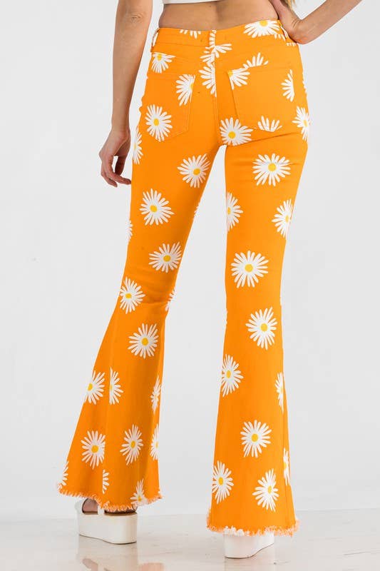 Wholesale Vintage Wash Flower Printed Spandex Flare Pants