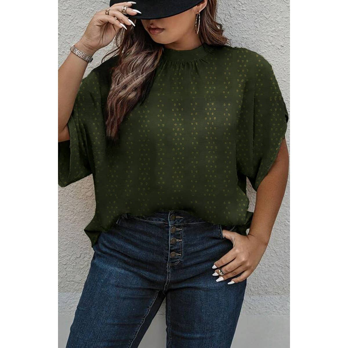 Olive Plus Swiss Dot Solid Loose Half Sleeve Blouse for wholesale on Faire0