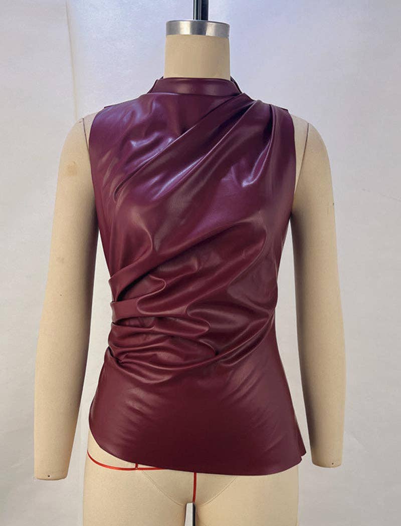 safistyle - Wholesale Blouse - Women's - Faux Leather Ruched Sleeveless Top6
