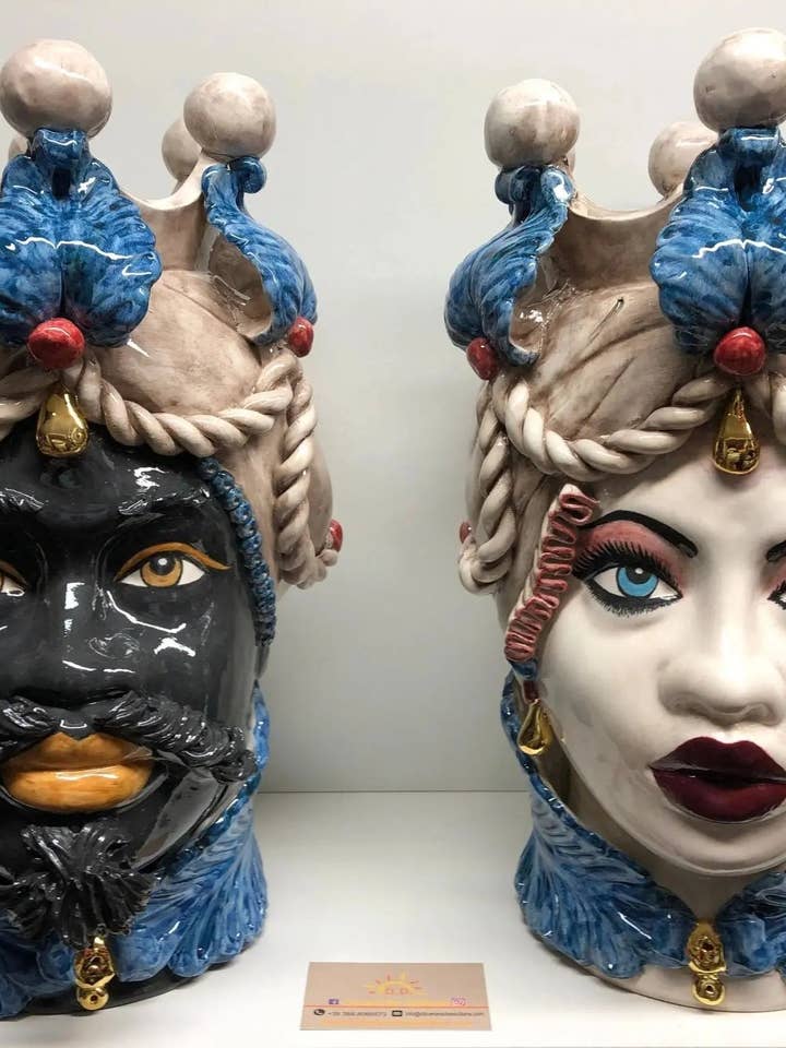 Zephyr Moor's Heads Caltagirone Ceramic cm H.43 L.26 Artisan Ecru Blue Gold Leaves for wholesale by DD Ceramiche Siciliane