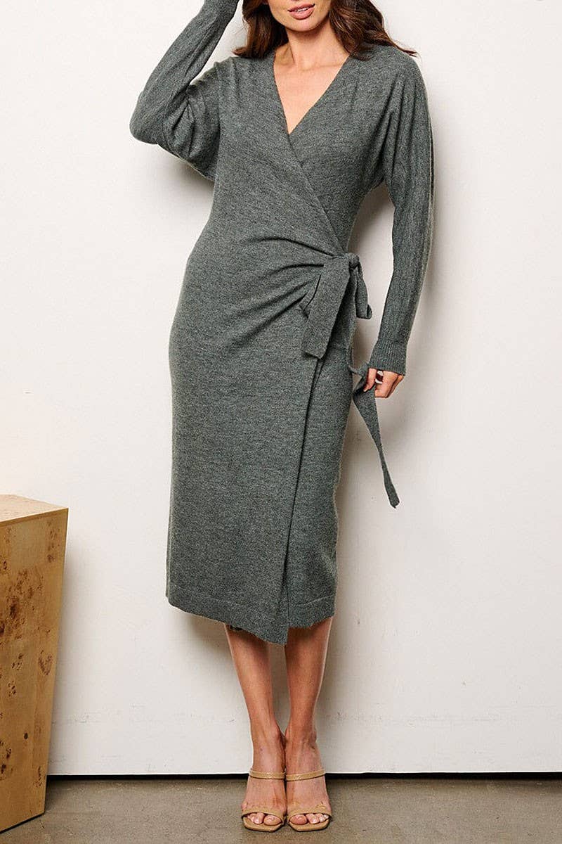 ROUSSEAU - Wholesale Dress - Women's - LONG SLEEVE WRAP FRONT WAIST TIE MIDI DRESS3