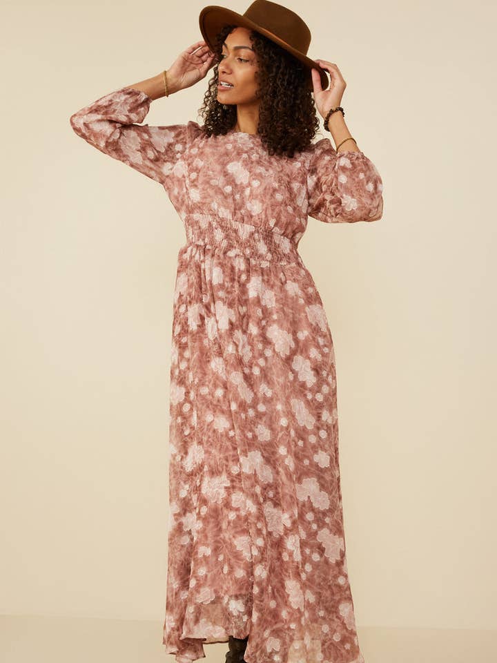 Vestido Comprido de Manga Comprida com Textura Floral para Mulheres por atacado de Hayden LA