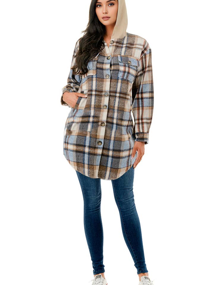 Light blue plaid flannel long shacket w/ hoodie and pockets for wholesale by Color 5