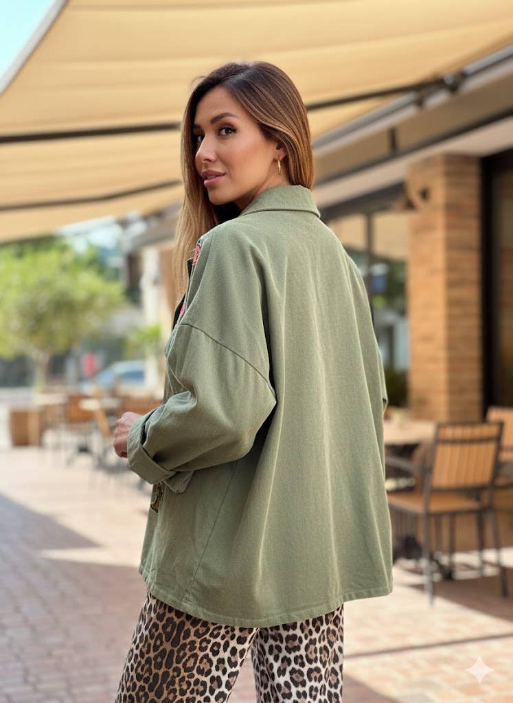 Khaki Oversized jacket with stickers for wholesale on Faire2