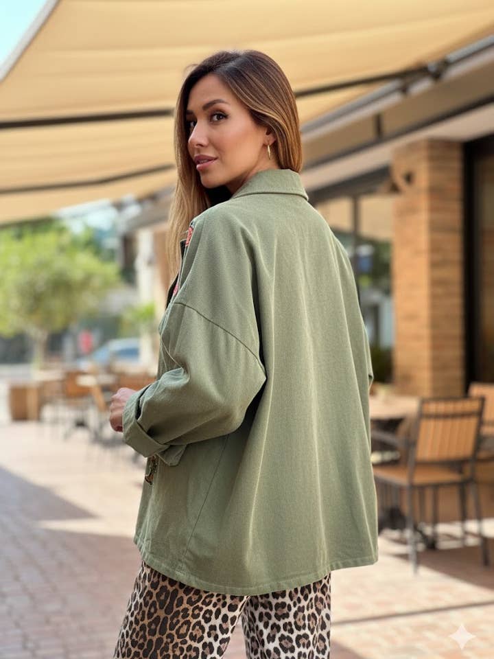 Khaki Oversized jacket with stickers for wholesale on Faire2