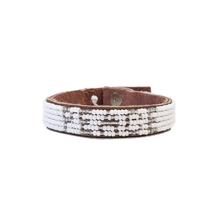 Small Peace Beaded Leather Cuff - Silver - Affirmations for wholesale by Swahili Coast