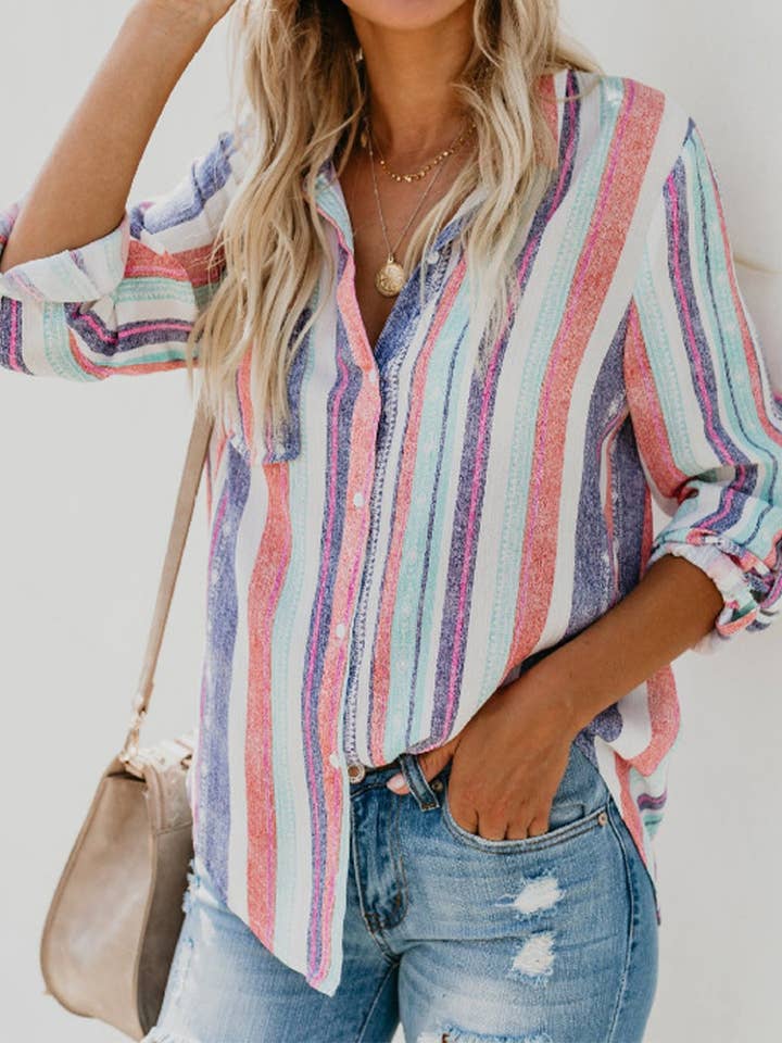 PURPLE FASHION CONTRAST COLOR STRIPED FASHION SHIRT for wholesale on Faire