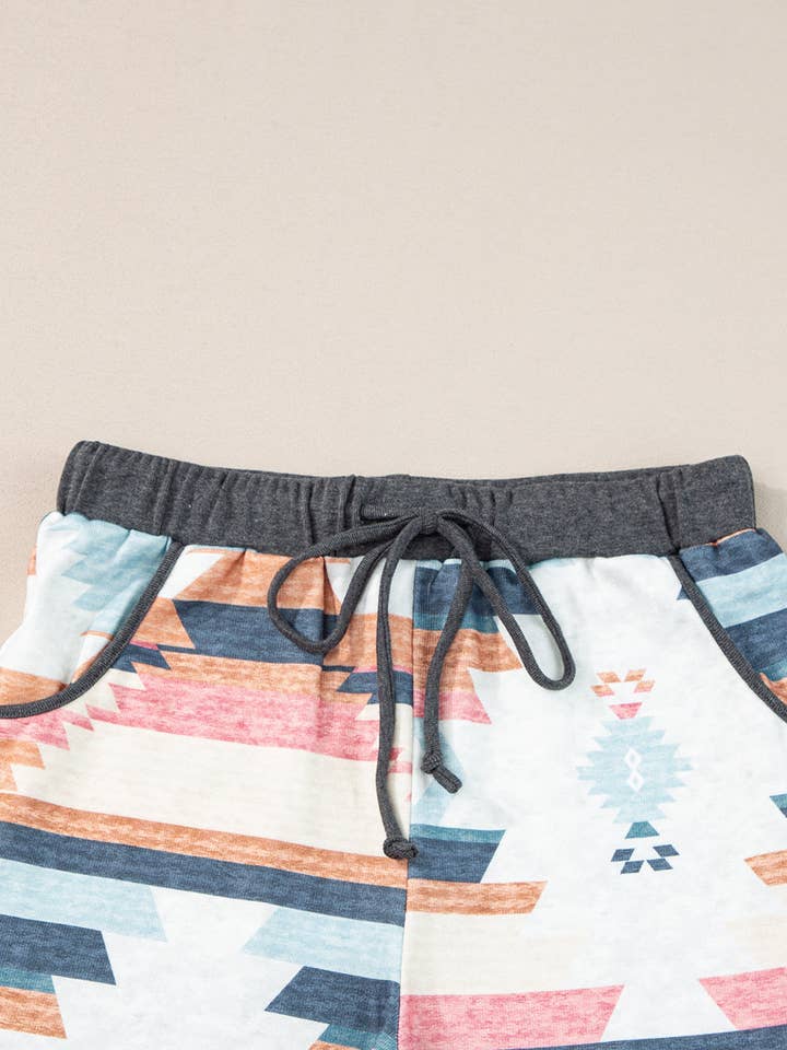 White Aztec Print Drawstring Waist Casual Shorts for wholesale on Faire