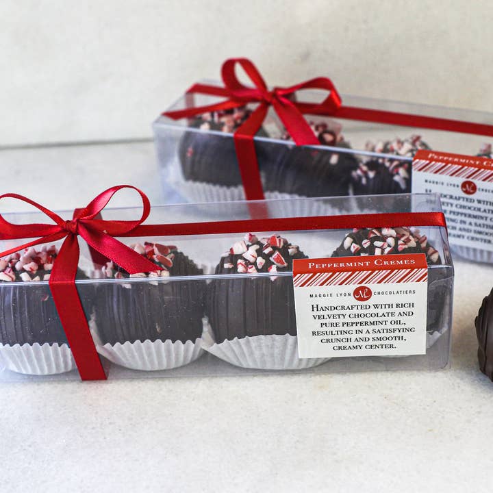 8oz Dark Chocolate Peppermint Cremes for wholesale by Maggie Lyon Chocolatiers