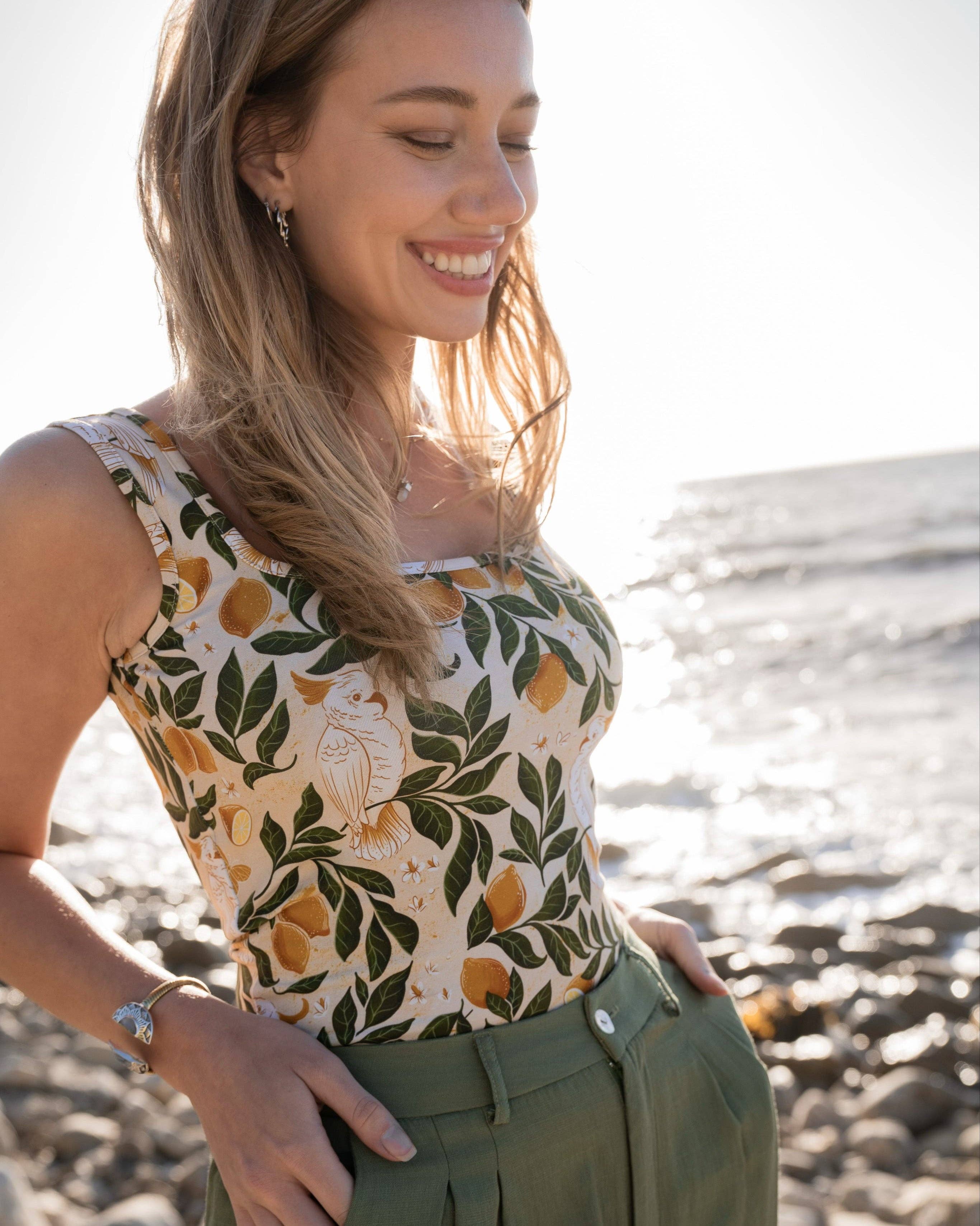 Sun & Sanctuary - Wholesale Tank Top - Women's - The Calypso Tank Top in Lemons & Cockatoos3