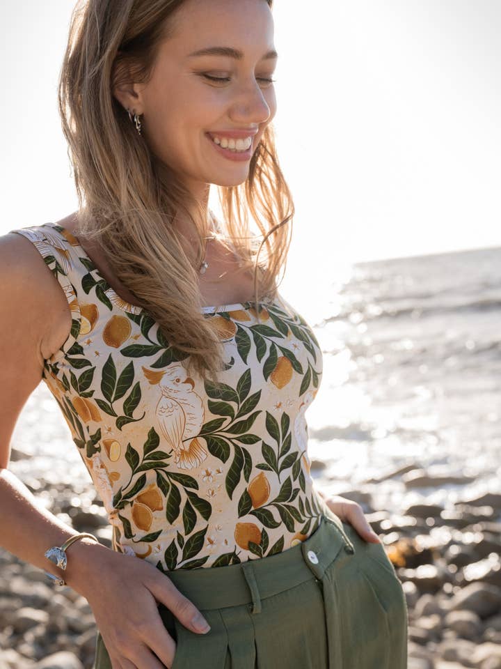 Sun & Sanctuary - Wholesale Tank Top - Women's - The Calypso Tank Top in Lemons & Cockatoos3