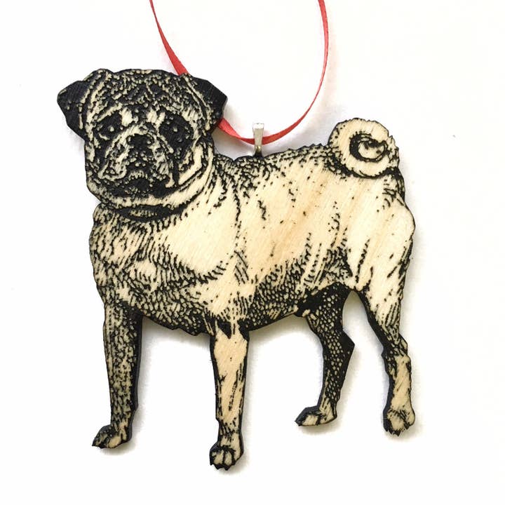 Pug Dog Ornament - Laserskåret og indgraveret træ dyr for engroshandel hos Toad Hill Farm