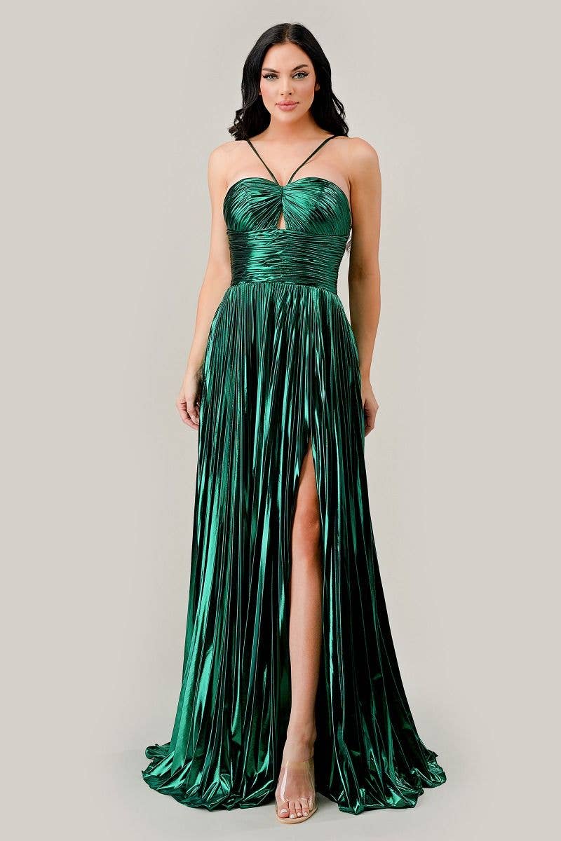 Tux-USA® - Wholesale Gown - Women's - Halter Pleated Lame' Metallic A-Line Gown2