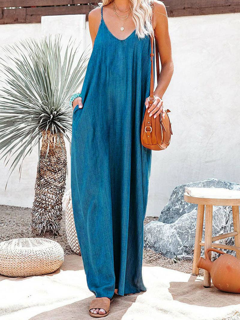 Blauw Losse effen denim lange rok jarreteljurk voor groothandel op Faire