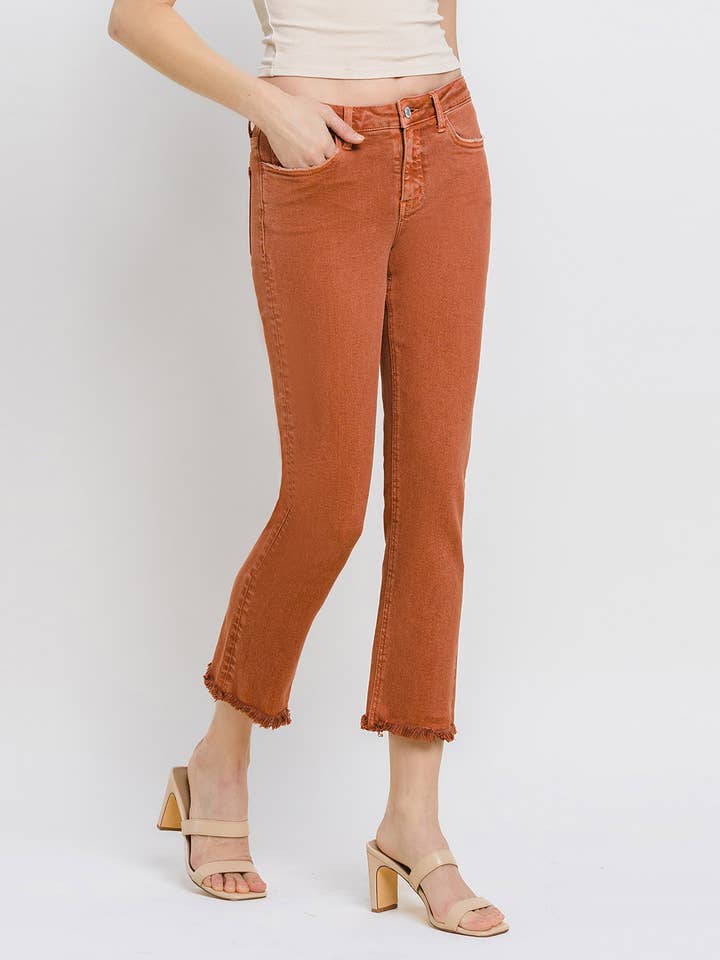 BAKED CLAY MID RISE FRAYED HEM CROP SLIM STRAIGHT JEANS V3500BKC for wholesale on Faire