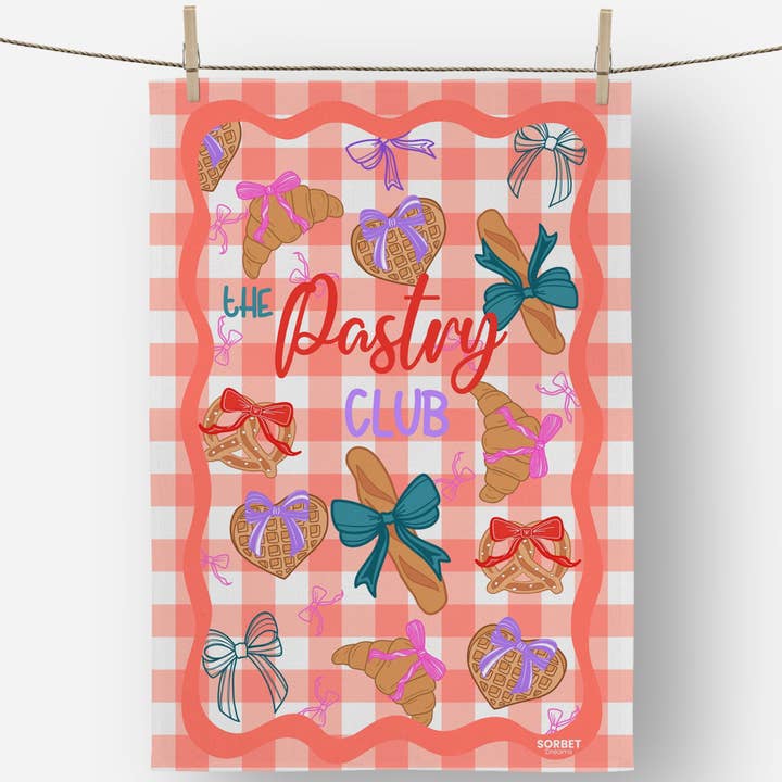 ‘The Pastry Club’ gingham pastry tea towel for kitchen for wholesale by Sorbet Dreams