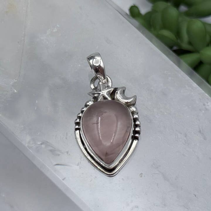 Rose Quartz Tear Drop Cabochon Pendant Sterling Silver/925 for wholesale by Meraki Gemstones