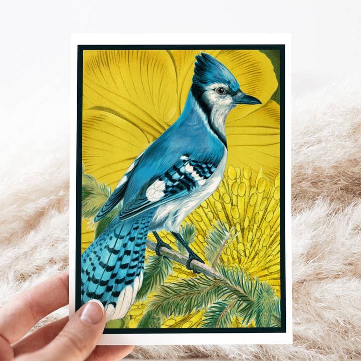 Carte de vœux. Geai bleu avec des fleurs jaune vif. pour la vente par Cheerful Whimsies