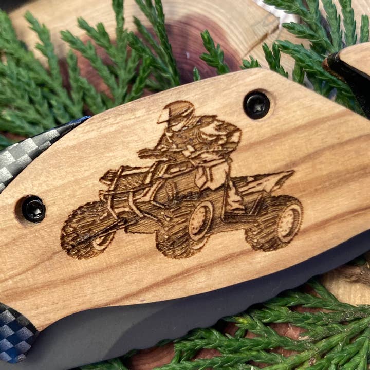 ATV and Rider Knife for wholesale by Quail Tail Laser Art