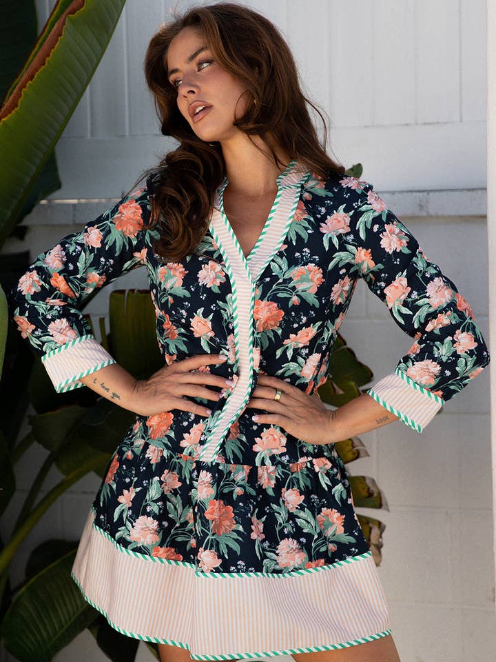 Blue FB Floral Stripe Trim Long Sleeve Mini Dress for wholesale on Faire0