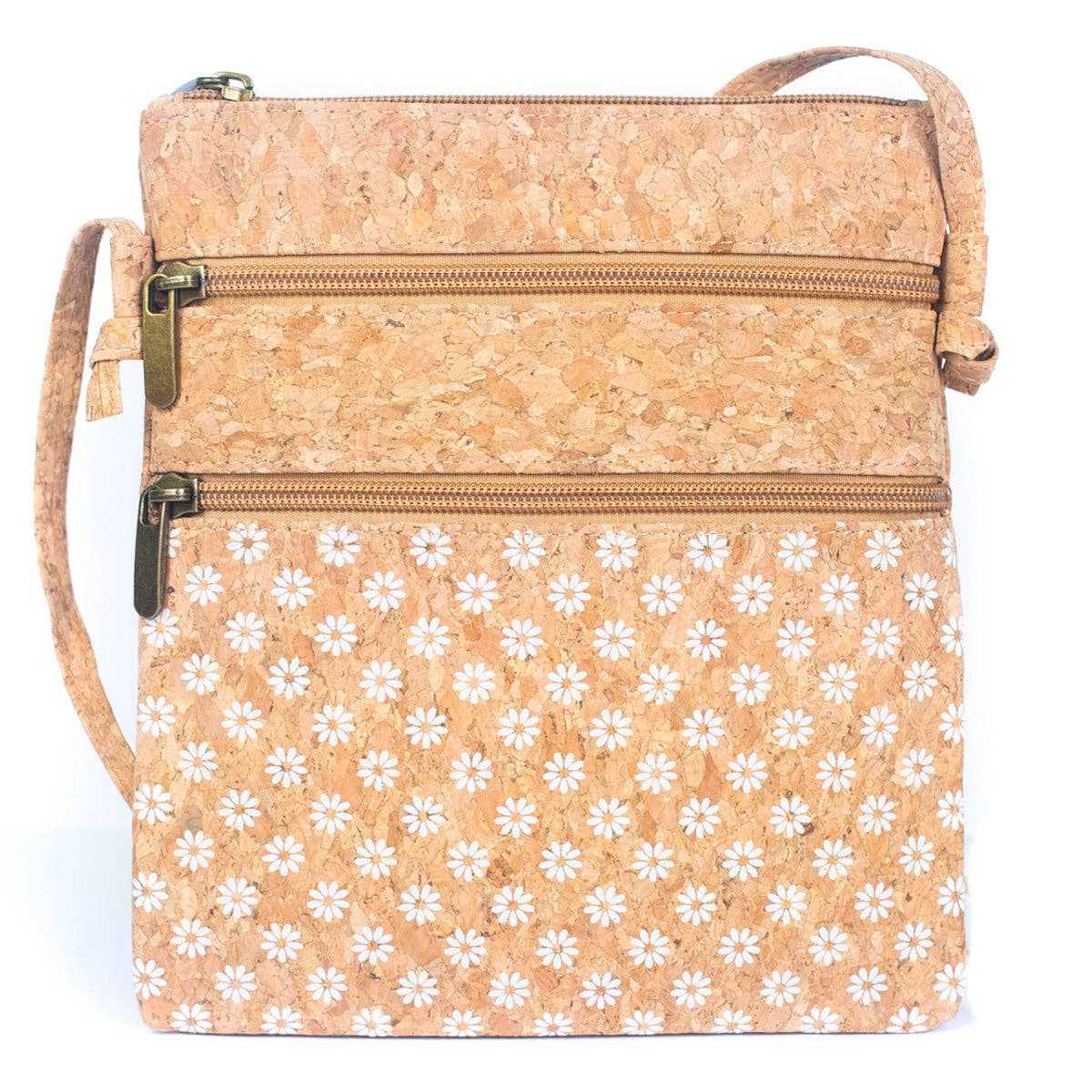 Meninas Bonitas Cork - Wholesale Crossbody Bag - Women's - Natural cork Patterned double zipper crossbody bag BAG-22652