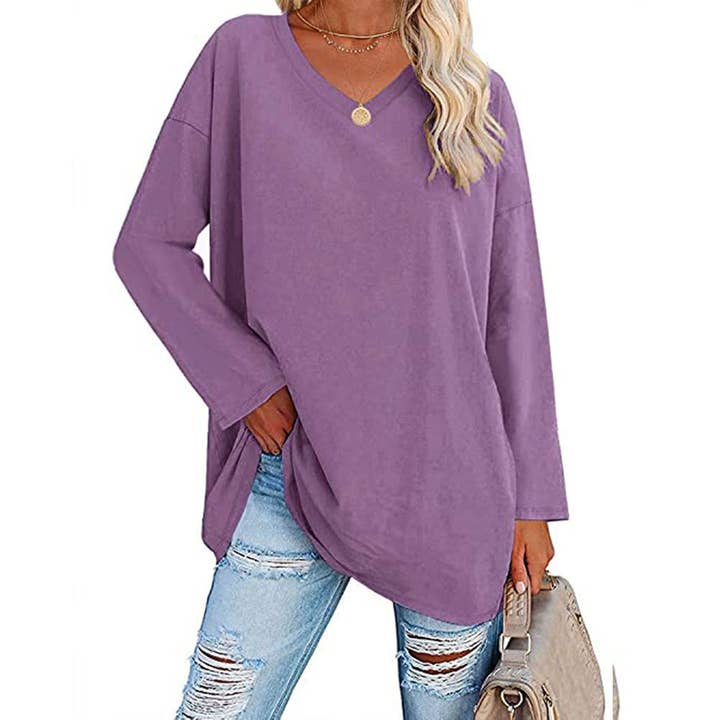 pinkblu02 - Wholesale Tunic - Women's - Women Casual Solid Color V-Neck Long Sleeve Blank T-Shirt