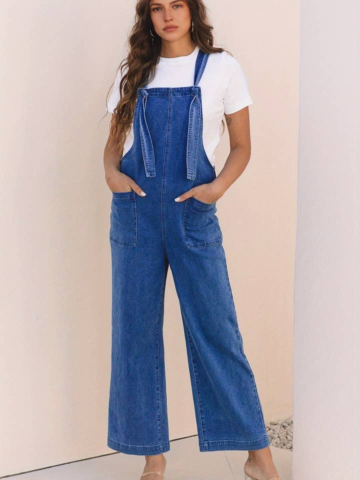 Mineral Wash Knotted Strap Pocket Wide Leg Denim Overalls for wholesale by PartyEight