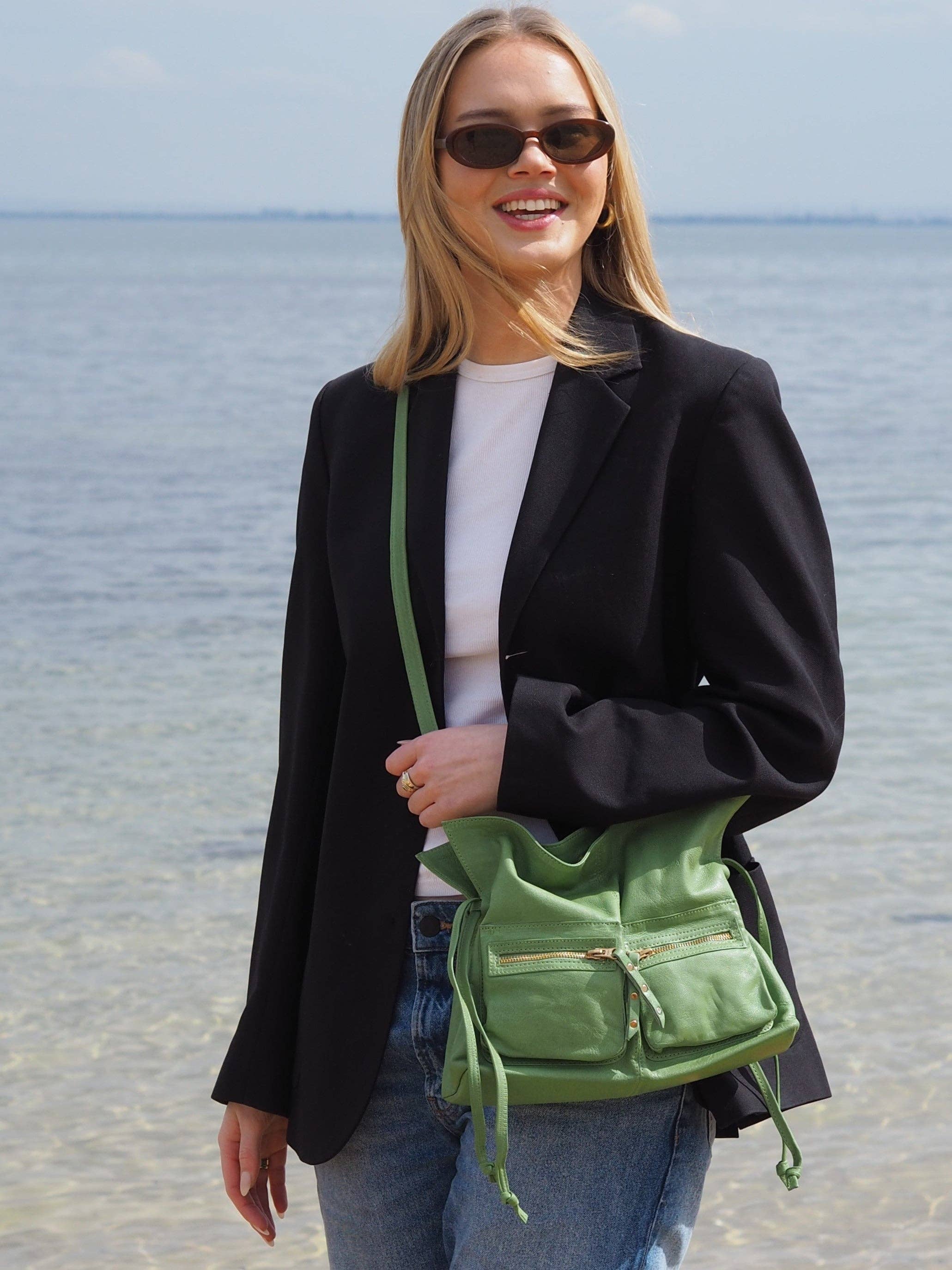 Cadelle Leather - Wholesale Crossbody Bag - Women's - Jillian Drawstring Crossbody | Moss Green4