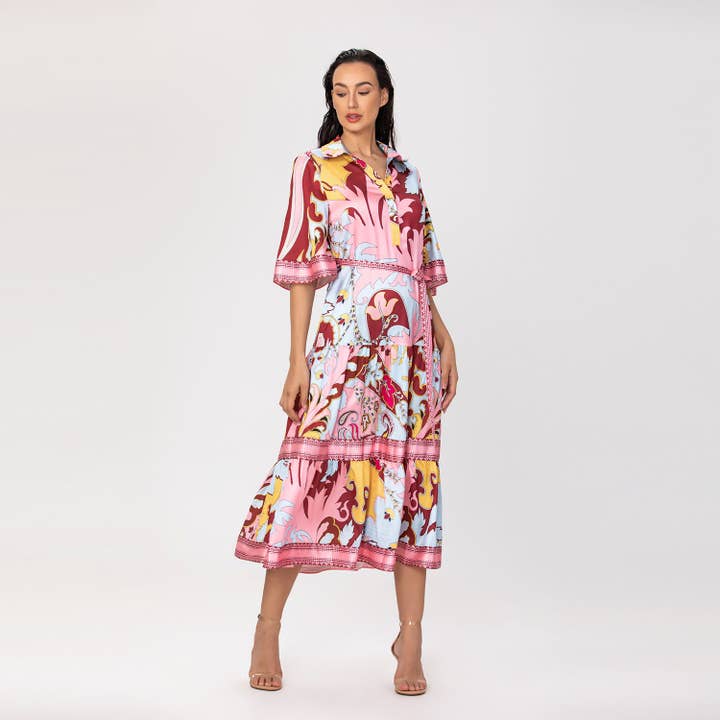Artistic print midi shirt dress with knotted belt for wholesale by Smart and Joy